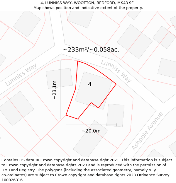 4, LUNNISS WAY, WOOTTON, BEDFORD, MK43 9FL: Plot and title map