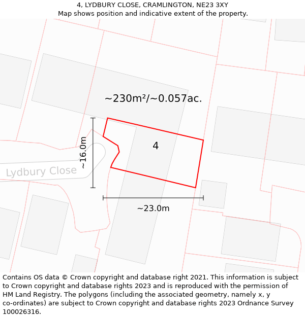 4, LYDBURY CLOSE, CRAMLINGTON, NE23 3XY: Plot and title map