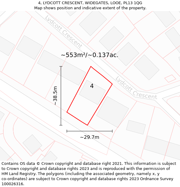 4, LYDCOTT CRESCENT, WIDEGATES, LOOE, PL13 1QG: Plot and title map