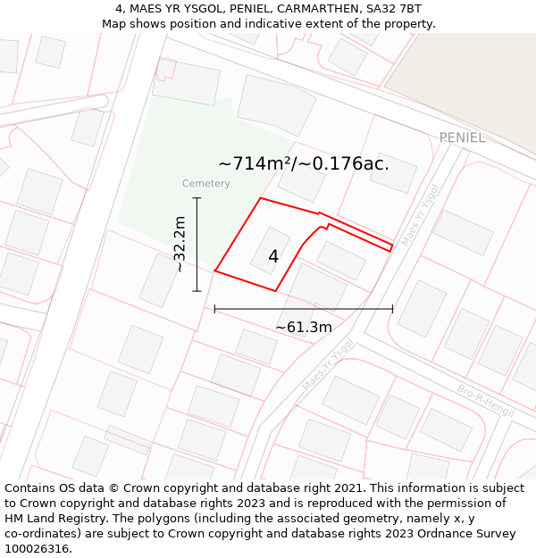 4, MAES YR YSGOL, PENIEL, CARMARTHEN, SA32 7BT: Plot and title map