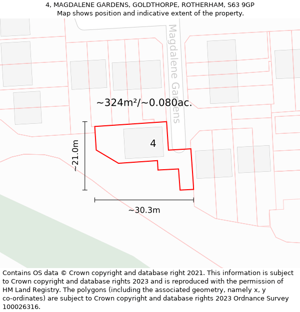 4, MAGDALENE GARDENS, GOLDTHORPE, ROTHERHAM, S63 9GP: Plot and title map