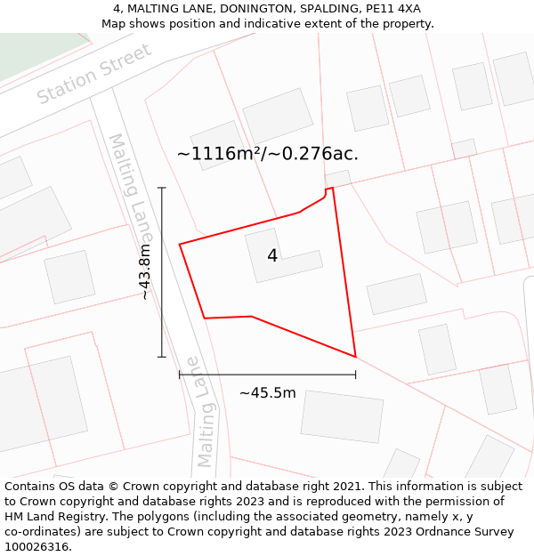 4, MALTING LANE, DONINGTON, SPALDING, PE11 4XA: Plot and title map