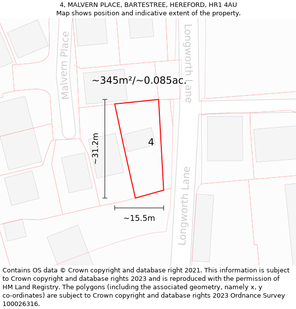 4, MALVERN PLACE, BARTESTREE, HEREFORD, HR1 4AU: Plot and title map