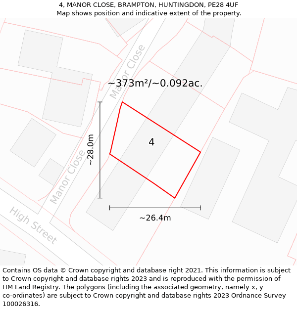 4, MANOR CLOSE, BRAMPTON, HUNTINGDON, PE28 4UF: Plot and title map