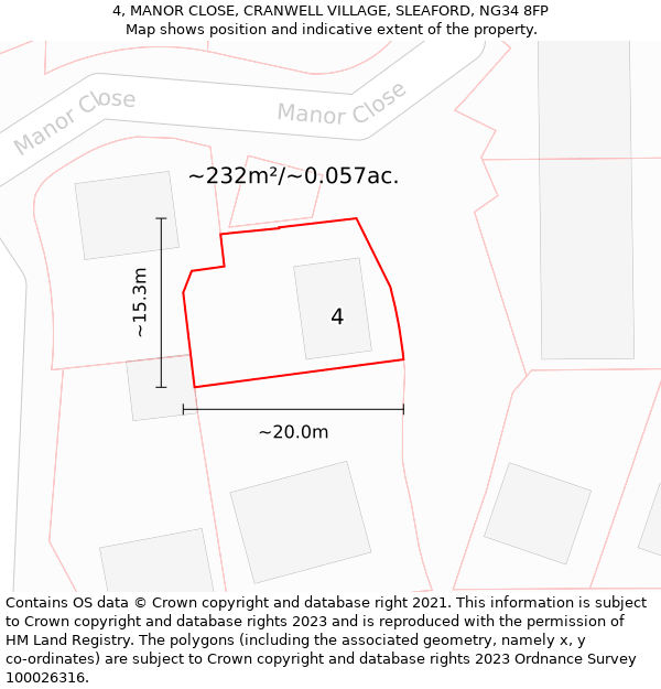 4, MANOR CLOSE, CRANWELL VILLAGE, SLEAFORD, NG34 8FP: Plot and title map