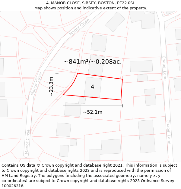 4, MANOR CLOSE, SIBSEY, BOSTON, PE22 0SL: Plot and title map