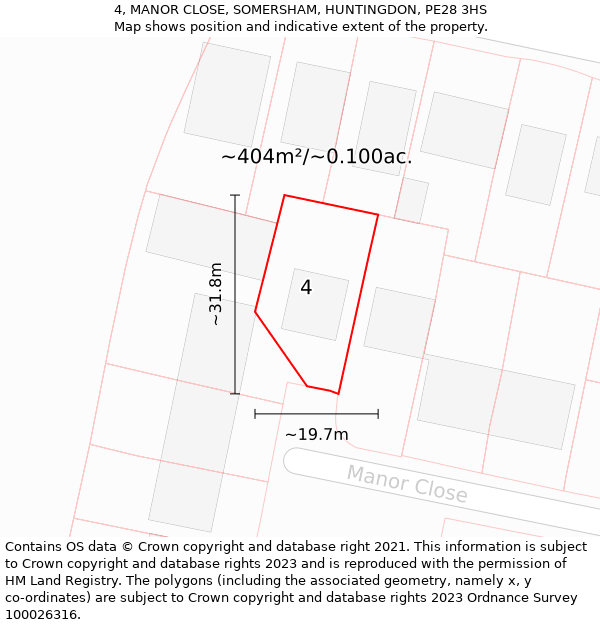 4, MANOR CLOSE, SOMERSHAM, HUNTINGDON, PE28 3HS: Plot and title map