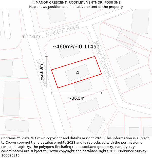 4, MANOR CRESCENT, ROOKLEY, VENTNOR, PO38 3NS: Plot and title map