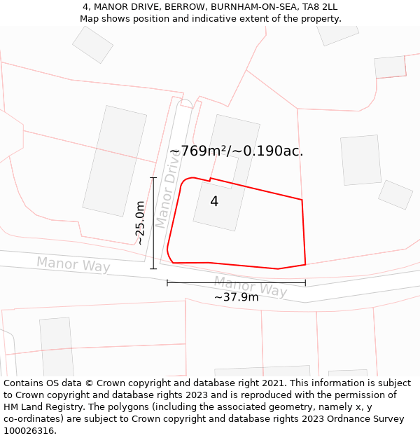 4, MANOR DRIVE, BERROW, BURNHAM-ON-SEA, TA8 2LL: Plot and title map