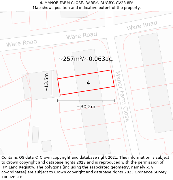 4, MANOR FARM CLOSE, BARBY, RUGBY, CV23 8FA: Plot and title map
