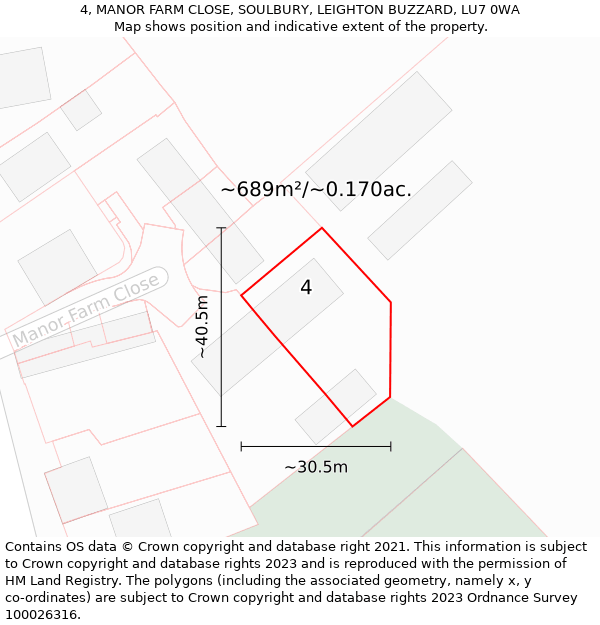 4, MANOR FARM CLOSE, SOULBURY, LEIGHTON BUZZARD, LU7 0WA: Plot and title map