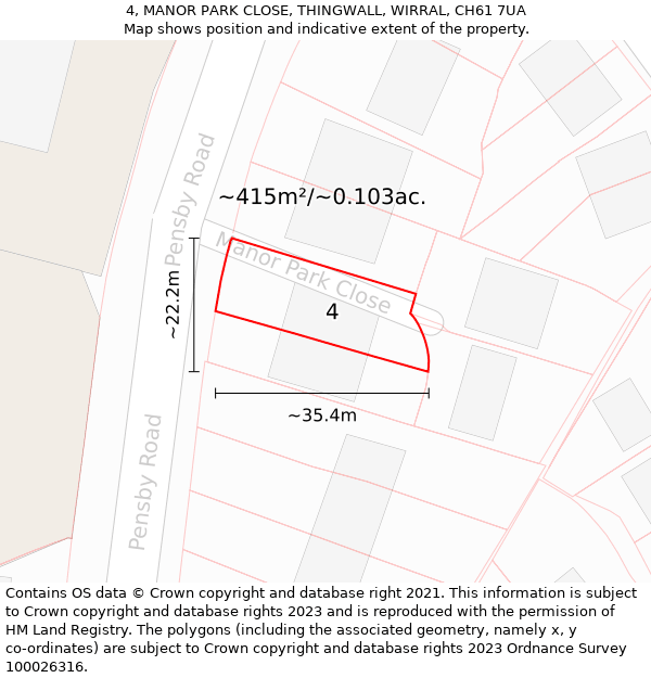 4, MANOR PARK CLOSE, THINGWALL, WIRRAL, CH61 7UA: Plot and title map