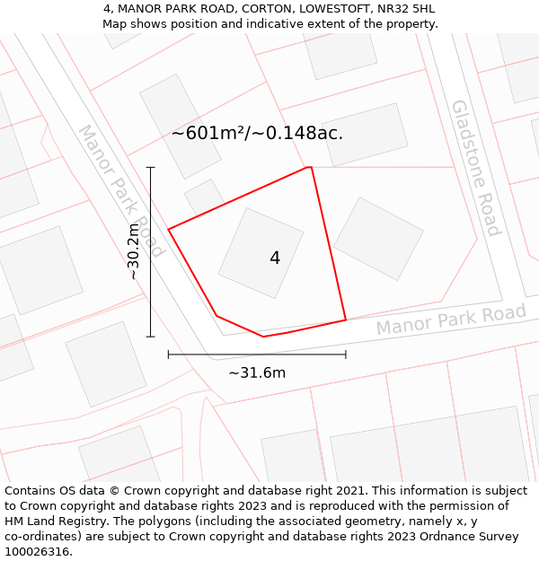 4, MANOR PARK ROAD, CORTON, LOWESTOFT, NR32 5HL: Plot and title map