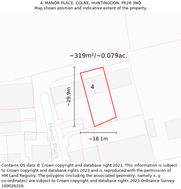 4, MANOR PLACE, COLNE, HUNTINGDON, PE28 3NQ: Plot and title map