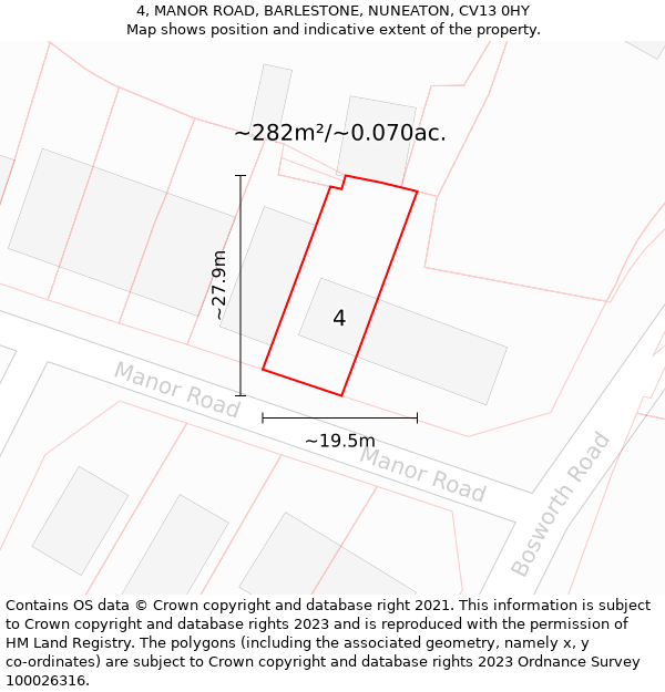 4, MANOR ROAD, BARLESTONE, NUNEATON, CV13 0HY: Plot and title map