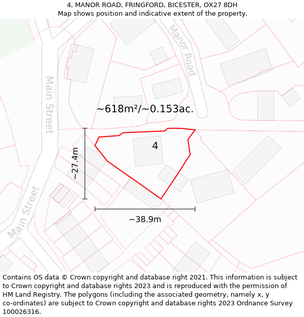 4, MANOR ROAD, FRINGFORD, BICESTER, OX27 8DH: Plot and title map