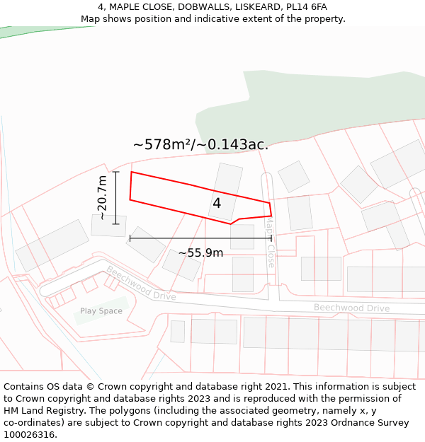 4, MAPLE CLOSE, DOBWALLS, LISKEARD, PL14 6FA: Plot and title map