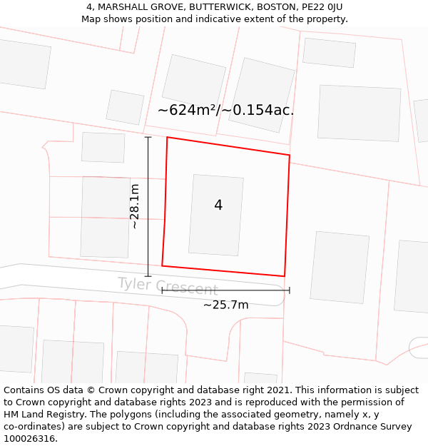 4, MARSHALL GROVE, BUTTERWICK, BOSTON, PE22 0JU: Plot and title map