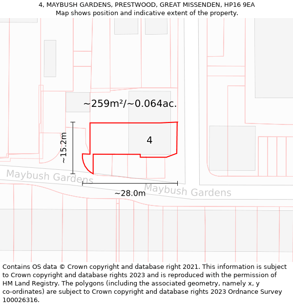 4, MAYBUSH GARDENS, PRESTWOOD, GREAT MISSENDEN, HP16 9EA: Plot and title map