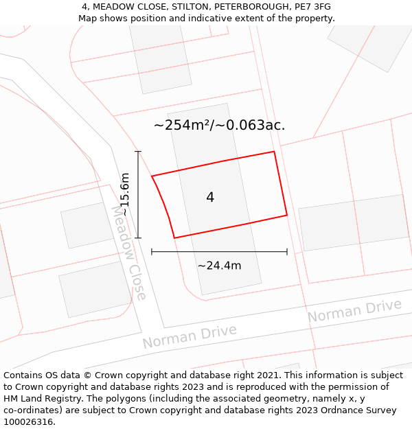 4, MEADOW CLOSE, STILTON, PETERBOROUGH, PE7 3FG: Plot and title map