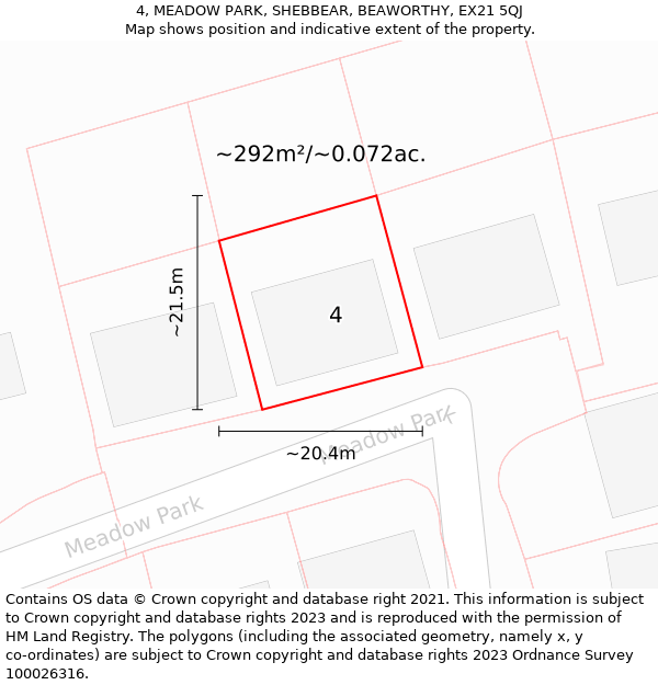 4, MEADOW PARK, SHEBBEAR, BEAWORTHY, EX21 5QJ: Plot and title map