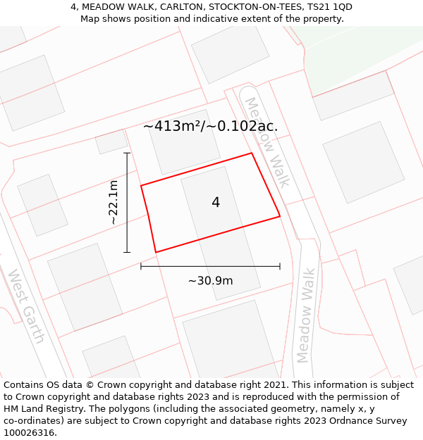 4, MEADOW WALK, CARLTON, STOCKTON-ON-TEES, TS21 1QD: Plot and title map