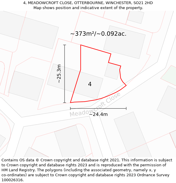 4, MEADOWCROFT CLOSE, OTTERBOURNE, WINCHESTER, SO21 2HD: Plot and title map