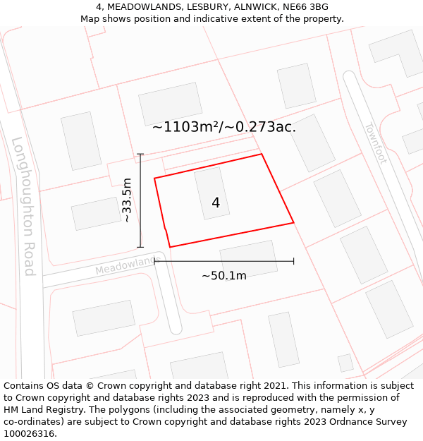 4, MEADOWLANDS, LESBURY, ALNWICK, NE66 3BG: Plot and title map