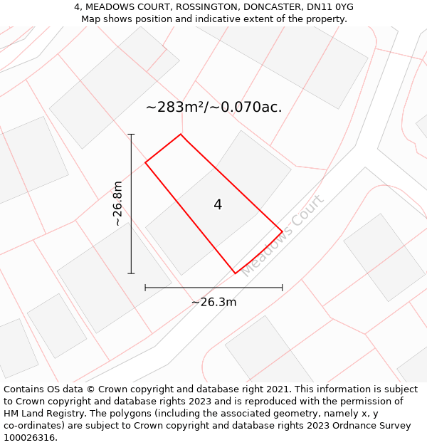 4, MEADOWS COURT, ROSSINGTON, DONCASTER, DN11 0YG: Plot and title map