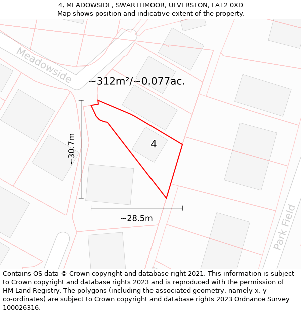 4, MEADOWSIDE, SWARTHMOOR, ULVERSTON, LA12 0XD: Plot and title map