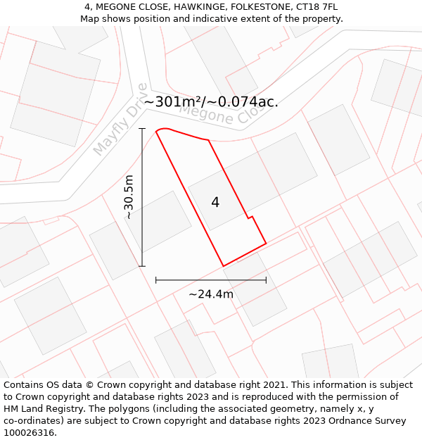 4, MEGONE CLOSE, HAWKINGE, FOLKESTONE, CT18 7FL: Plot and title map