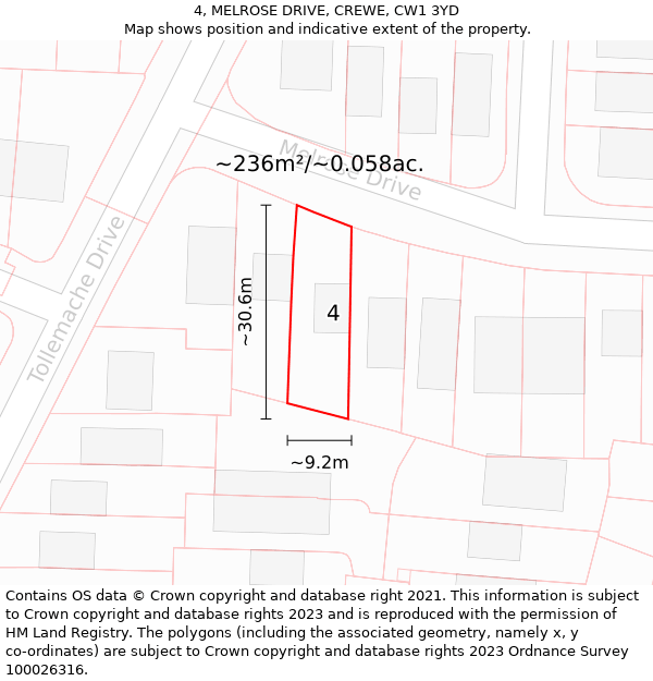 4, MELROSE DRIVE, CREWE, CW1 3YD: Plot and title map