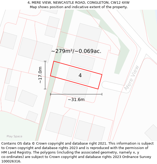 4, MERE VIEW, NEWCASTLE ROAD, CONGLETON, CW12 4XW: Plot and title map