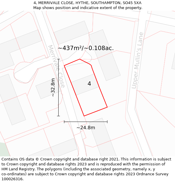 4, MERRIVALE CLOSE, HYTHE, SOUTHAMPTON, SO45 5XA: Plot and title map