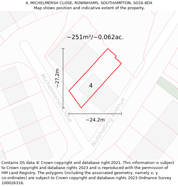 4, MICHELMERSH CLOSE, ROWNHAMS, SOUTHAMPTON, SO16 8DX: Plot and title map