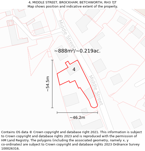 4, MIDDLE STREET, BROCKHAM, BETCHWORTH, RH3 7JT: Plot and title map