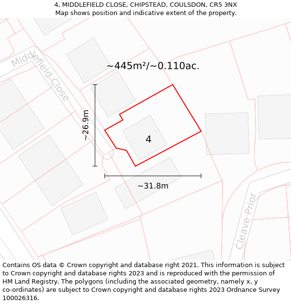 4, MIDDLEFIELD CLOSE, CHIPSTEAD, COULSDON, CR5 3NX: Plot and title map