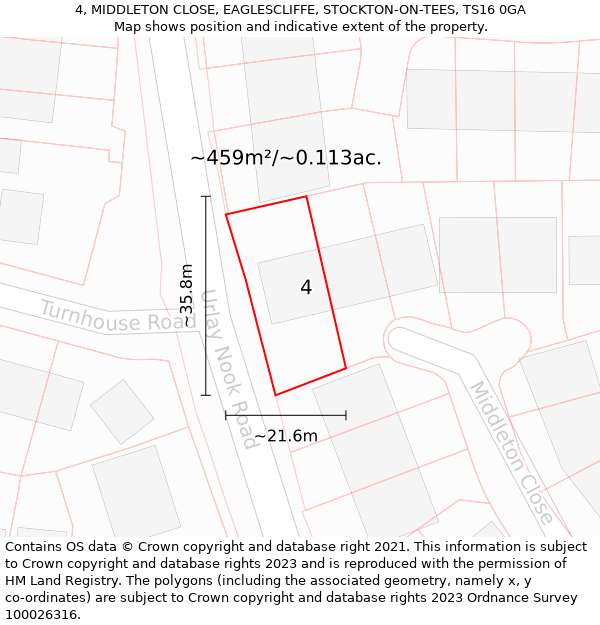 4, MIDDLETON CLOSE, EAGLESCLIFFE, STOCKTON-ON-TEES, TS16 0GA: Plot and title map