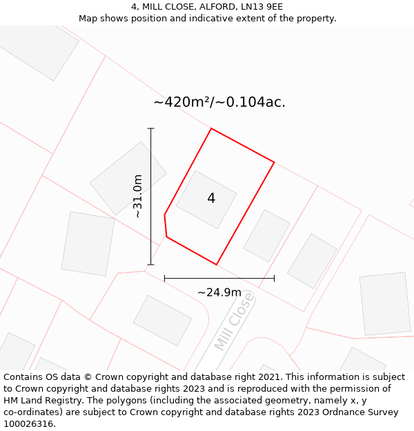 4, MILL CLOSE, ALFORD, LN13 9EE: Plot and title map