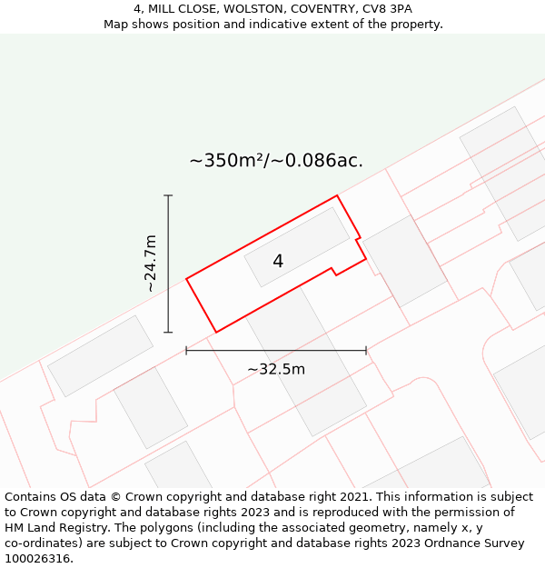 4, MILL CLOSE, WOLSTON, COVENTRY, CV8 3PA: Plot and title map