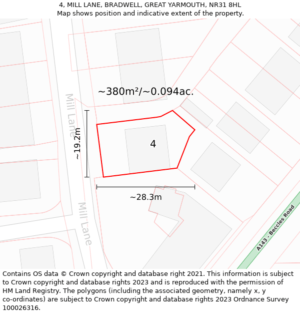 4, MILL LANE, BRADWELL, GREAT YARMOUTH, NR31 8HL: Plot and title map