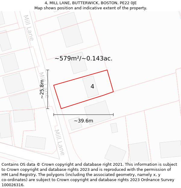 4, MILL LANE, BUTTERWICK, BOSTON, PE22 0JE: Plot and title map