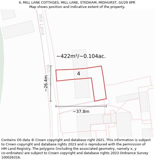 4, MILL LANE COTTAGES, MILL LANE, STEDHAM, MIDHURST, GU29 0PR: Plot and title map