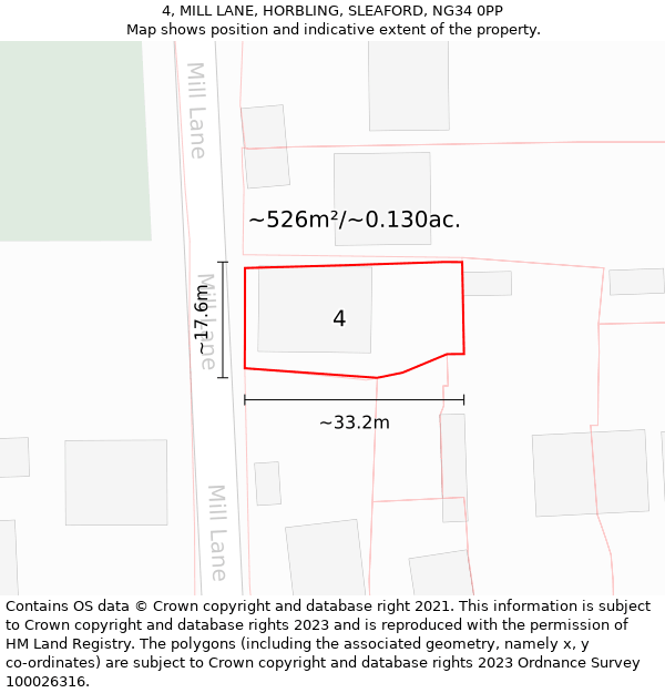 4, MILL LANE, HORBLING, SLEAFORD, NG34 0PP: Plot and title map