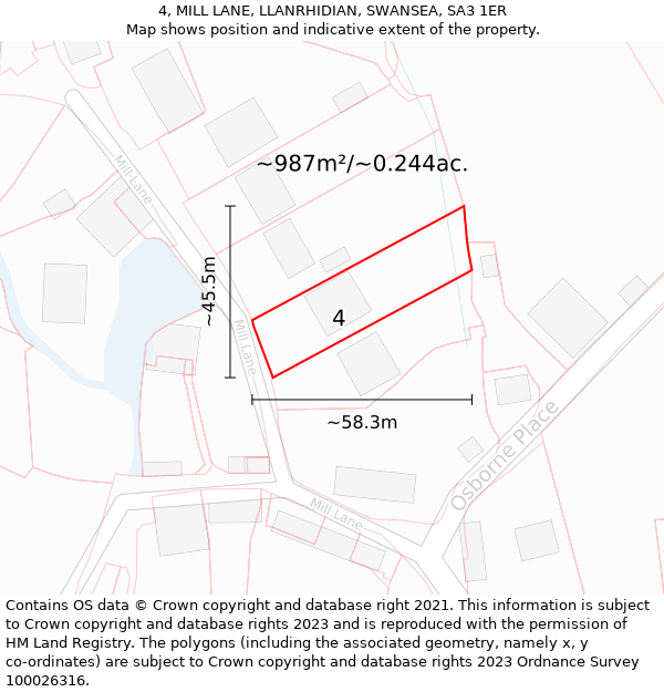 4, MILL LANE, LLANRHIDIAN, SWANSEA, SA3 1ER: Plot and title map