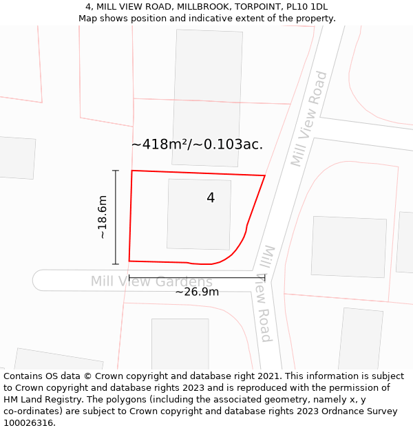 4, MILL VIEW ROAD, MILLBROOK, TORPOINT, PL10 1DL: Plot and title map