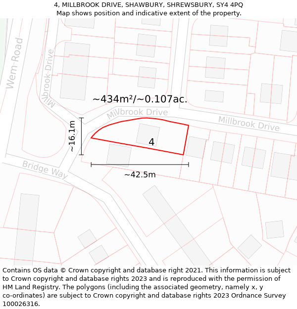 4, MILLBROOK DRIVE, SHAWBURY, SHREWSBURY, SY4 4PQ: Plot and title map