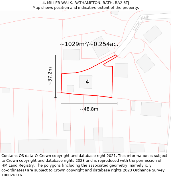 4, MILLER WALK, BATHAMPTON, BATH, BA2 6TJ: Plot and title map