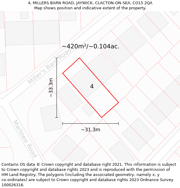 4, MILLERS BARN ROAD, JAYWICK, CLACTON-ON-SEA, CO15 2QA: Plot and title map