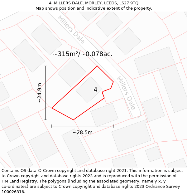 4, MILLERS DALE, MORLEY, LEEDS, LS27 9TQ: Plot and title map